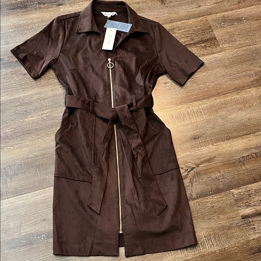 New Nanette Lepore Faux-Suede Shirt Dress - Brown Short Sleeve Belted